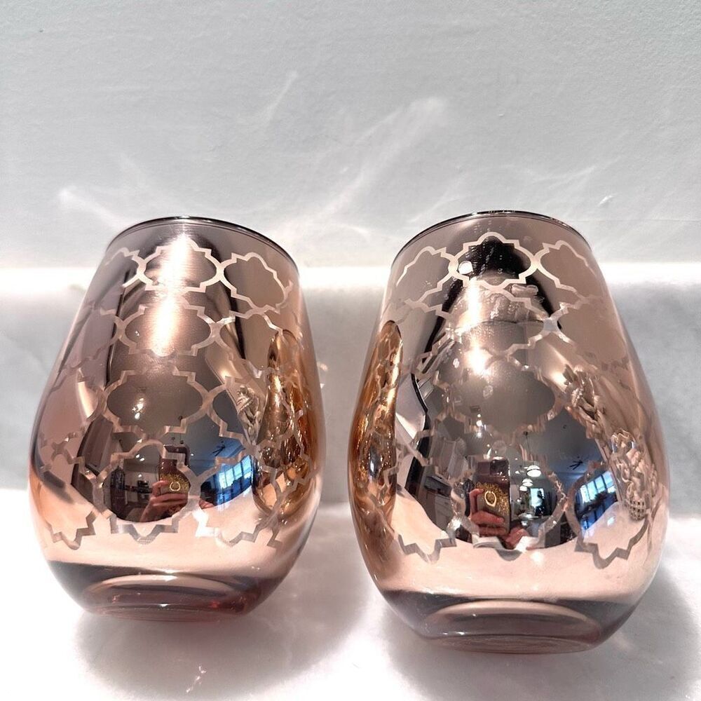 NWOT Set of 2 California Pantry Rose Gold Quatrefoil Stemless Wine Glasses